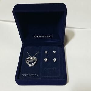 Dancraft Fine Silver Plate "Mom" Necklace set Cubic Zirconia